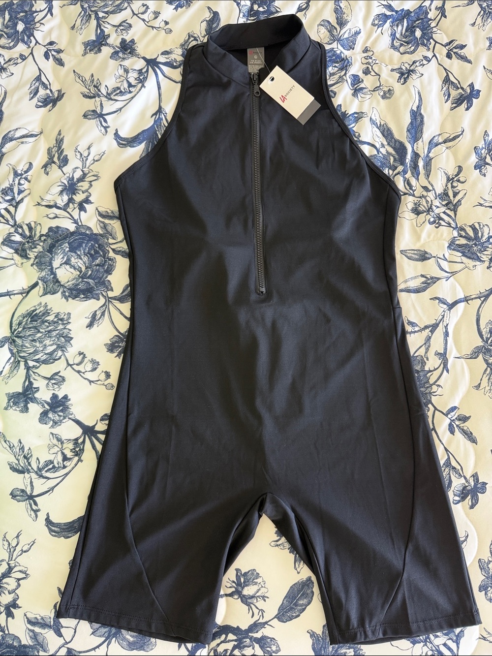 High-Neck Black Sleeveless Zip-Front Active Romper